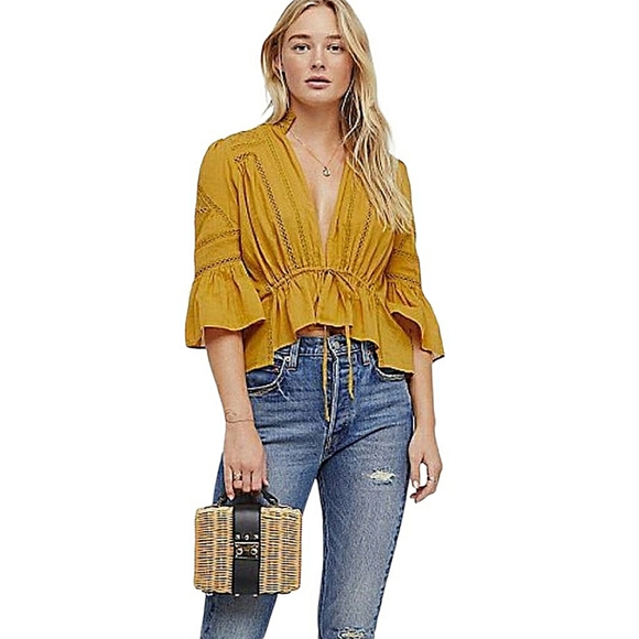 Free People Tops - Free People Mustard Crop Top Tie Front 3/4 Bell Sleeves Lace Mesh Cotton Size S